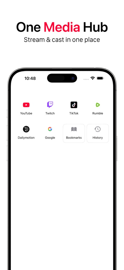 UbeCast - O aplicativo funciona como um hub de mídia unificado, apresentando atalhos diretos para plataformas de vídeo populares como YouTube e Twitch, e opções de favoritos e histórico de navegação para acesso rápido ao conteúdo.