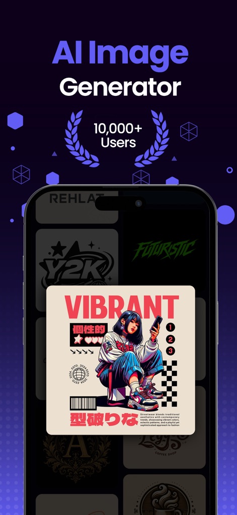 3DMockups - Clothes Designer - Discover how the app's AI Art Generator sparks fresh clothing designs in seconds, evident in the vibrant graphic examples and the broad selection of design categories.