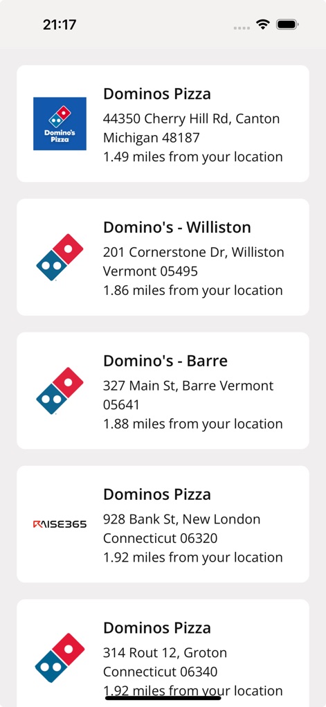 RAISE365 - Discover local businesses offering discounts, with clear listings for 'Domino's Pizza' locations and their distance from the user's current location.