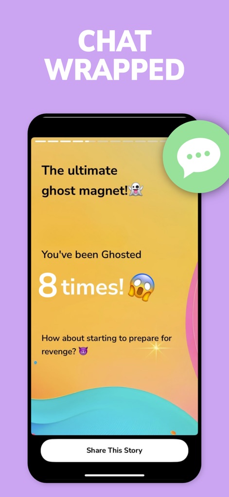 NARYA: Wrapped & AI Coach - La sección "Chat Wrapped" proporciona insights directos sobre interacciones pasadas, mostrando al usuario que ha sido "Ghosted 8 times!" y el llamativo emoji de fantasma que lo acompaña.