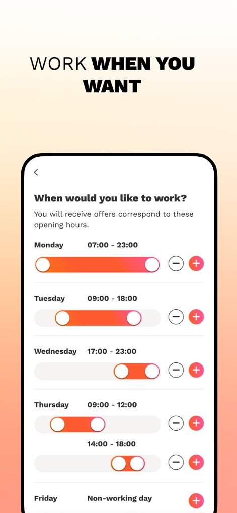 Self-employed jobs Wecasa Pro - Os usuários podem personalizar seus horários de trabalho com precisão, utilizando "toggles de horário" para definir os períodos de disponibilidade e configurar "dias não trabalhados" para maior flexibilidade.
