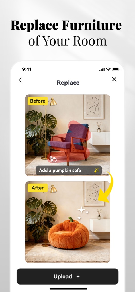 AI Home Design: Interior DecAI - Die "Replace"-Funktion wird hier gezeigt, wie ein bestehender "Sessel" durch ein "kreatives Kürbissofa" ersetzt wird, was die einfache Personalisierung der Einrichtung veranschaulicht.