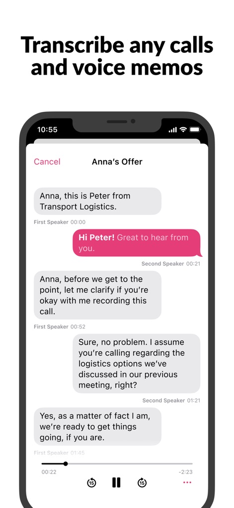 Call Recorder - Cube ACR - Users can effortlessly review conversations through the app's chat-like transcription interface, complete with intuitive audio playback controls.
