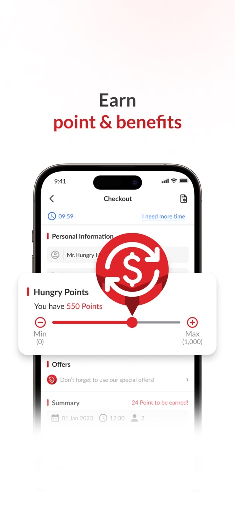 Hungry Hub - Dining Offer App - Users can conveniently manage their savings through the 'Hungry Points' redemption system, complemented by an 'Offers' section for applying additional exclusive discounts.