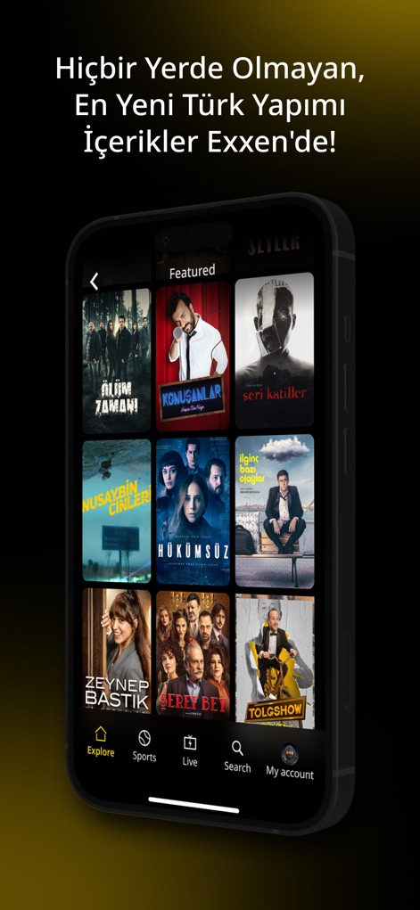 Exxen - Delve into the app's vast selection, presenting an extensive grid of Turkish original series and clearly categorized content for easy browsing.