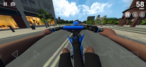 Wheelie Life 3 - This view highlights the rich urban environment details and the readily accessible in-game controls for steering and acceleration.