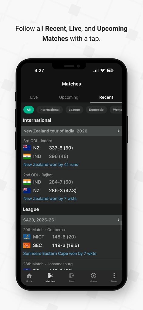 Willow - Watch Live Cricket - This tool provides a clear overview of cricket fixtures, allowing users to filter by 'Live', 'Upcoming', and 'Recent' matches. The interface displays detailed results for past games, such as the 'New Zealand tour of India, 2026' series with final scores.