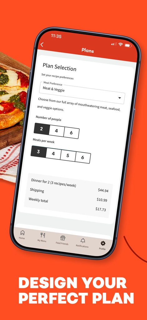 EveryPlate: Cooking Simplified - Users can easily customize their meal plan by selecting preferences like 'Meal Preference' and adjusting the 'Number of people' to fit household needs.