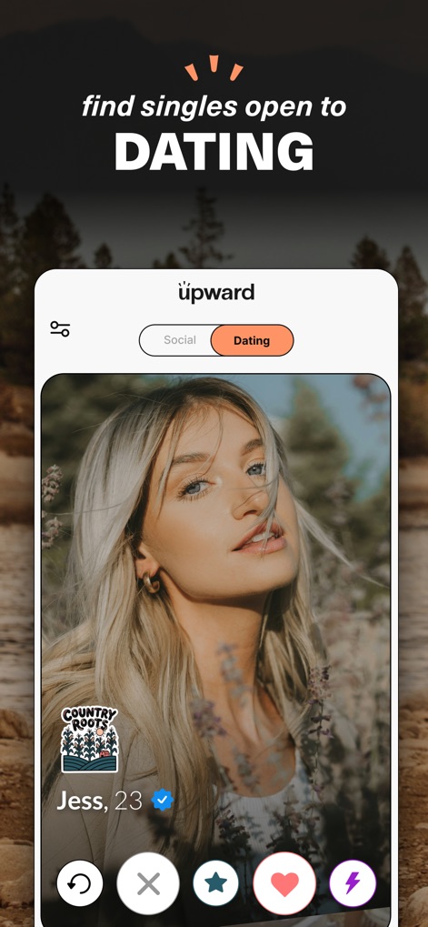 Upward: Dating for Christians - This tool showcases individual profiles like "Jess, 23" to facilitate connections, alongside intuitive swipe and interaction buttons for user engagement.