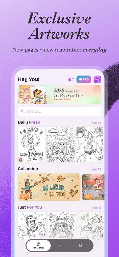 Artsy Artasy - Adult Coloring - Os usuários podem explorar uma vasta biblioteca de ilustrações, com seções como 'Daily Fresh' para novos conteúdos e 'Collection' para temas variados, garantindo sempre algo novo para colorir.
