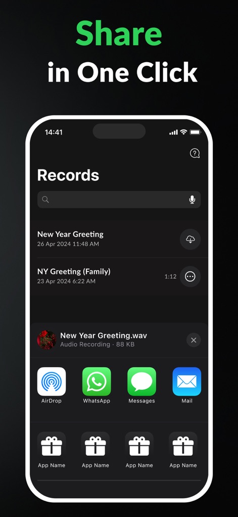 Call Recorder for iPhone. - The app simplifies data distribution, presenting a comprehensive share sheet with various platform icons like AirDrop and WhatsApp, all easily accessible from the "Records" list.