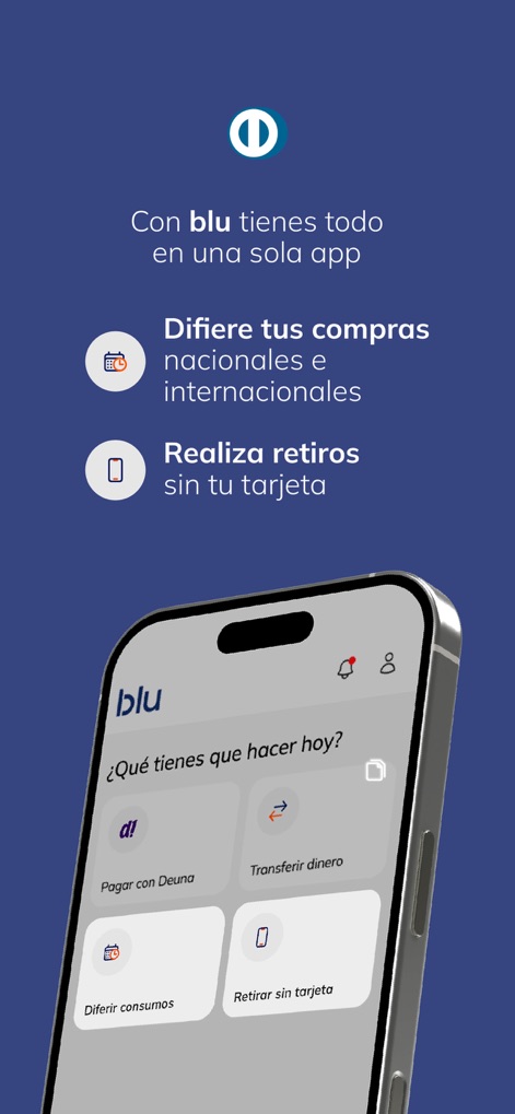 blu de Diners Club - Los usuarios descubren en esta interfaz las opciones para "Diferir consumos" nacionales e internacionales y la posibilidad de "Retirar sin tarjeta", centralizando múltiples operaciones.