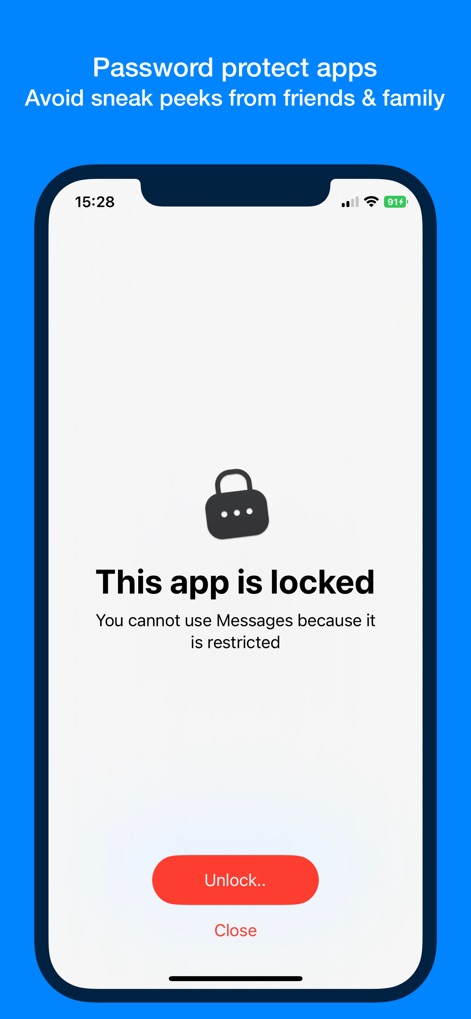 AppLocker • Passcode lock apps - La schermata mostra chiaramente un'applicazione bloccata, evidenziando il messaggio "This app is locked" e i pulsanti per "Unlock" o "Close".