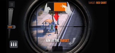 Sniper 3D: Gun Shooting Games - Learn target tracking with on-screen prompts, illustrating the "AIM AT THE TARGET" instruction and the mobile phone overlay indicating controls.