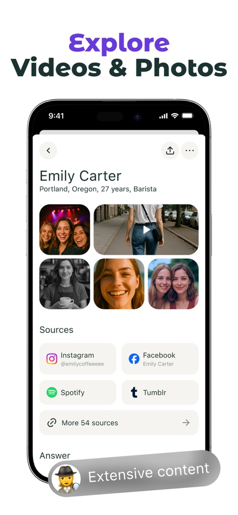DeepSearch: AI Search Engine - Users can explore a gallery of profile photos and see associated sources like Instagram and Spotify for comprehensive content discovery.