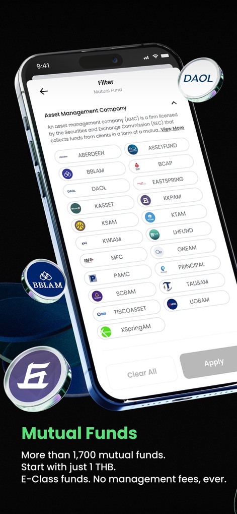 Dime!  เงินฝาก หุ้น กองทุน ทอง - Esta vista permite filtrar fondos mutuos, presentando una extensa lista de gestoras de activos disponibles y logos distintivos como DAOL y BBLAM.