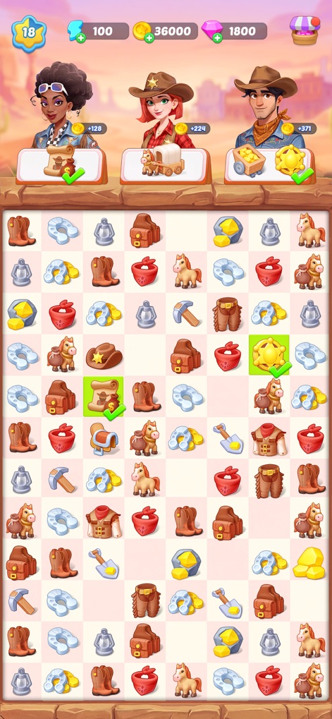 Mystery Town: Merge Games - The app showcases unique Western-themed items like cowboy hats and gold nuggets, set against an authentic rustic desert backdrop.