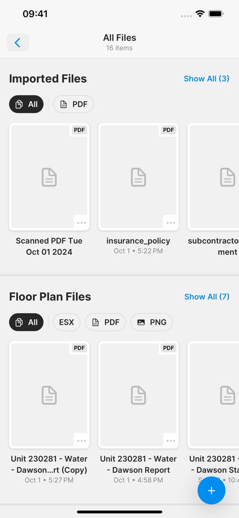 magicplan - The app centralizes all project documents, providing a comprehensive library for various file types like imported PDFs, alongside organized access to generated floor plan files in multiple formats.