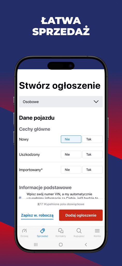 OTOMOTO.pl: Car Marketplace - This tool simplifies the selling process with an intuitive 'Stwórz ogłoszenie' (Create an ad) form, allowing users to define main features and add basic information for their vehicle.