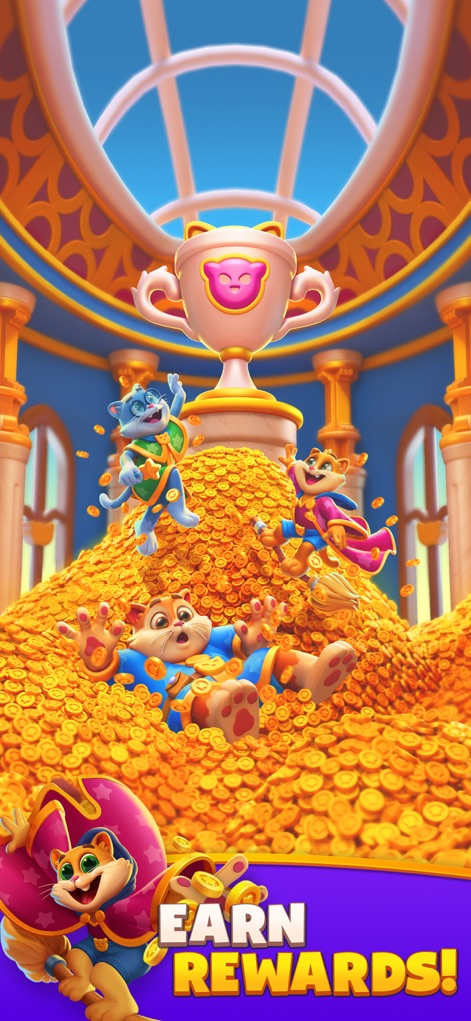 Magic Sort! - Celebrate success amidst a vast pile of gold coins with joyful cat characters, showcasing the game's generous reward system and the prominent trophy.