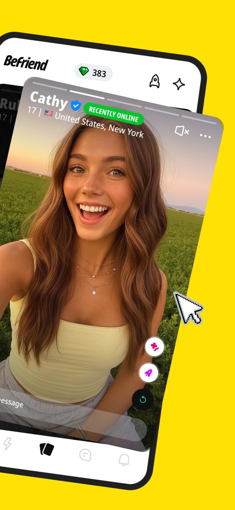 BeFriend - Make new friends - Observe how users can effortlessly swipe through profiles, like "Cathy" from New York, clearly seeing their "RECENTLY ONLINE" status.