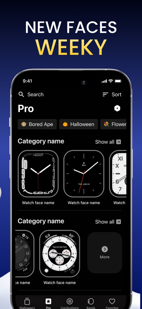 Watch Faces & Widget Gallery - Users can explore a continuously updated selection of new watch faces added weekly, conveniently organized into searchable categories like 'Halloween' and 'Bored Ape' for easy discovery.