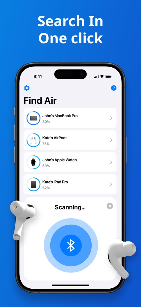 Find Air - My Device Tracker - This tool provides an organized list of all connected devices with their respective proximity percentages, complemented by a dynamic scanning animation that signals active searching.