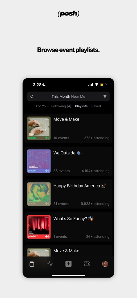 Posh – Create & Find Events - Users can discover curated collections of experiences, exploring various 'Playlists' tailored to interests and seeing the number of events and attendees.