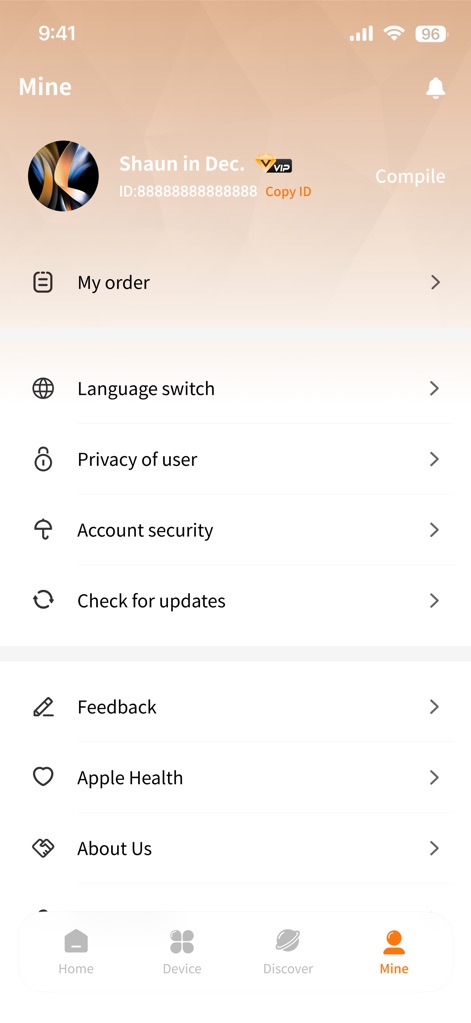 Gs Fit - The 'Mine' section provides a personal hub for managing user information, including 'Language switch' and 'Account security,' as well as integrating with 'Apple Health' for comprehensive health data synchronization.