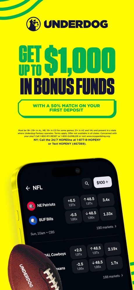 Underdog: Sports, Games & Rips App Store screenshot 1, headline “GET UP TO $1,000 IN BONUS FUNDS”. Dark.