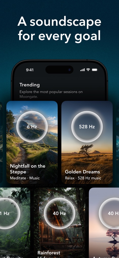 Moongate: Binaural Beats - The app presents a rich library of soundscapes like 'Nightfall on the Steppe' and 'Golden Dreams', each tailored to specific frequencies and goals.