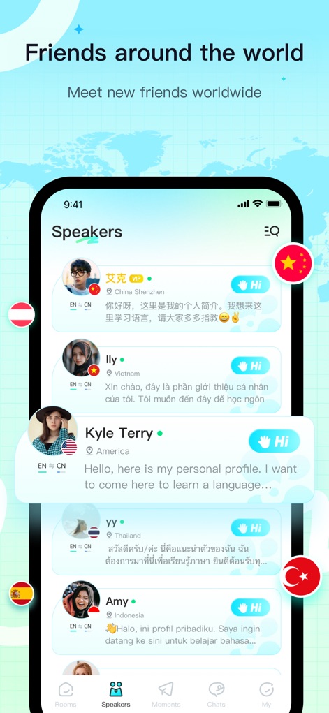 YeeTalk - Chat, Talk & Learn - The "Speakers" list allows users to discover language partners, showcasing individual profiles with native languages and languages of interest (e.g., EN ~ CN), alongside a "Hi" button to initiate conversations.