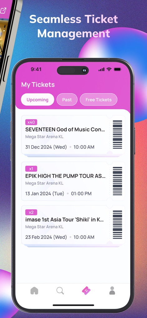 Ticket2U - ユーザーは「Upcoming」タブと各チケットに表示される「イベント名と枚数」によって、購入したイベントチケットをシームレスに管理できます。