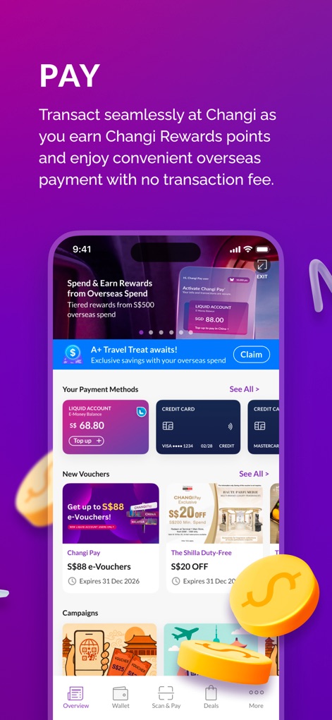 Changi App - This 'Pay' screen showcases various payment methods including 'Liquid Account' and credit cards, alongside exclusive 'New Vouchers' for savings and rewards.