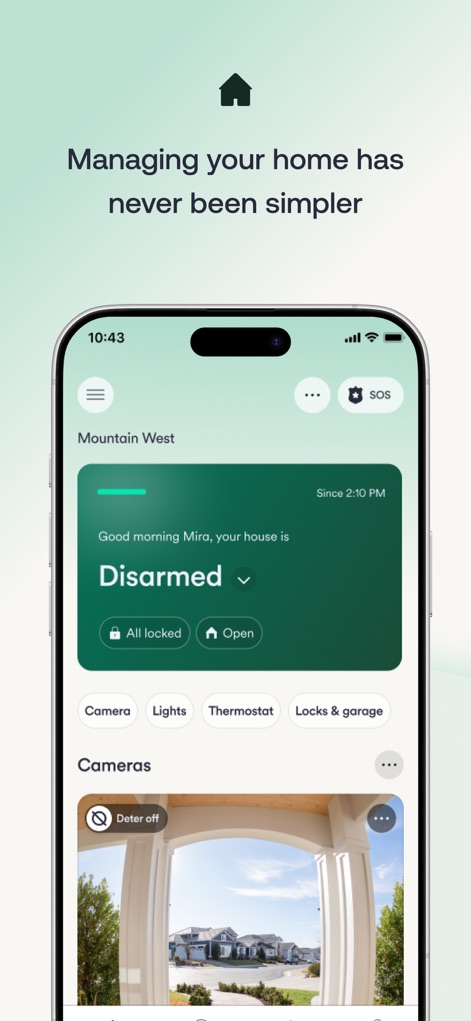 Vivint - Die Startseite der App bietet Nutzern einen sofortigen Überblick über den Systemstatus 'Disarmed' und eine Live-Ansicht der Überwachungskamera, um das Zuhause stets im Blick zu haben.