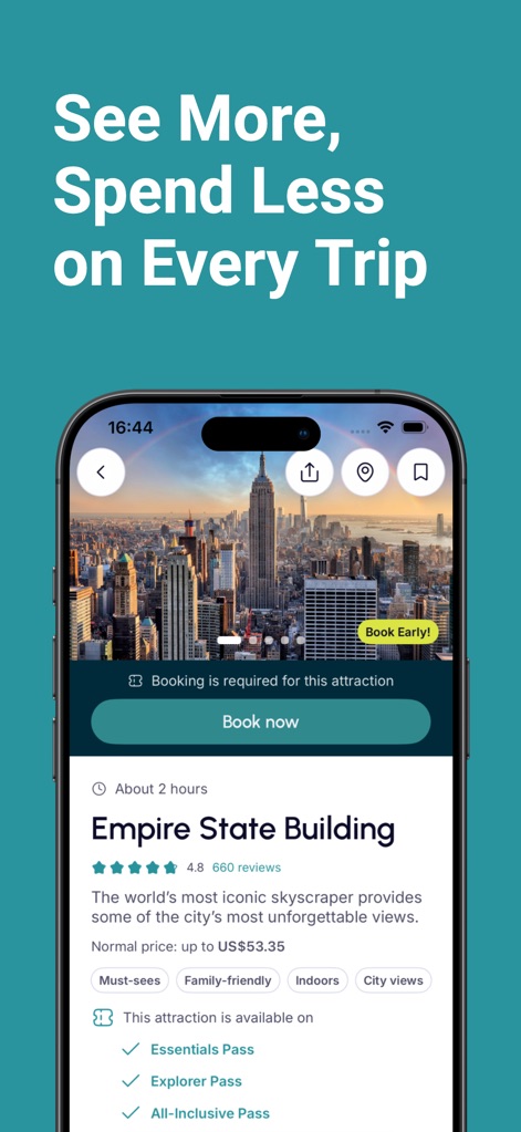 Go City -Travel Plan & Tickets - The app provides comprehensive details for attractions like the Empire State Building, including booking requirements and compatibility with various pass types such as the Essentials Pass and Explorer Pass.