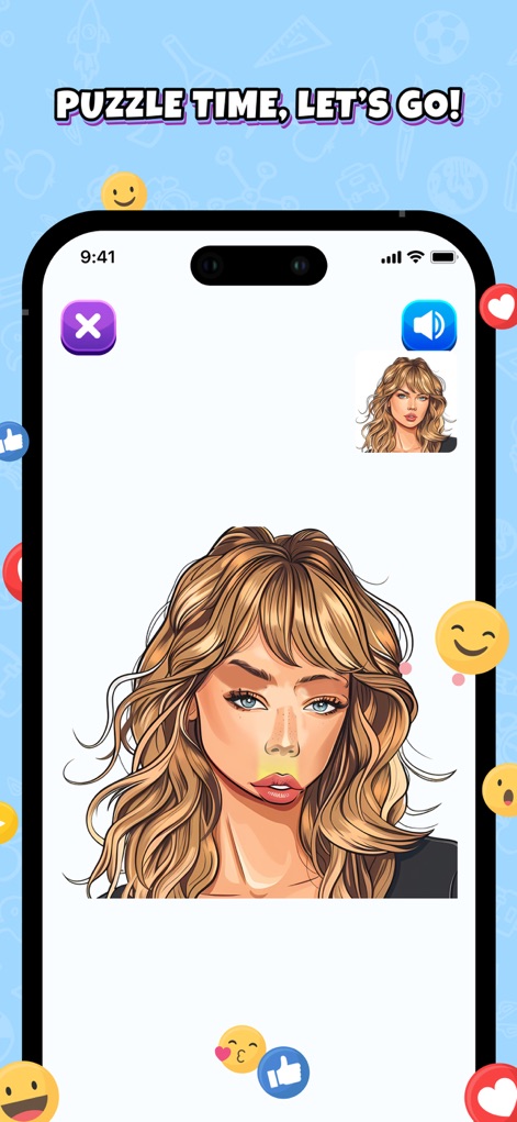 Face Mash: Funny Mix Challenge - El modo "Puzzle Time" desafía a los usuarios a completar un rostro detallado de un personaje femenino, guiándose por una miniatura de referencia en la esquina superior derecha y la expresividad del modelo principal.