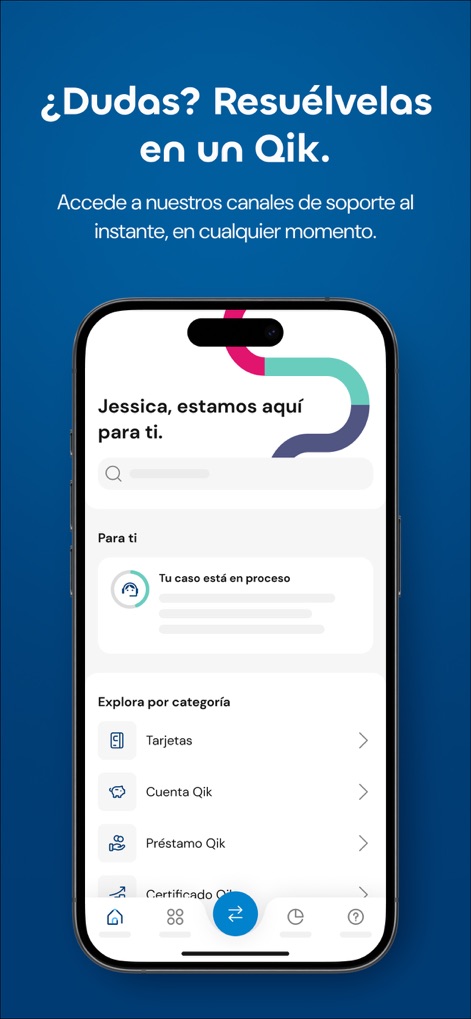 Qik Banco Digital - Users can access immediate support through the in-app chat, allowing them to easily search for assistance and explore support categories like "Tarjetas" and "Cuenta Qik".
