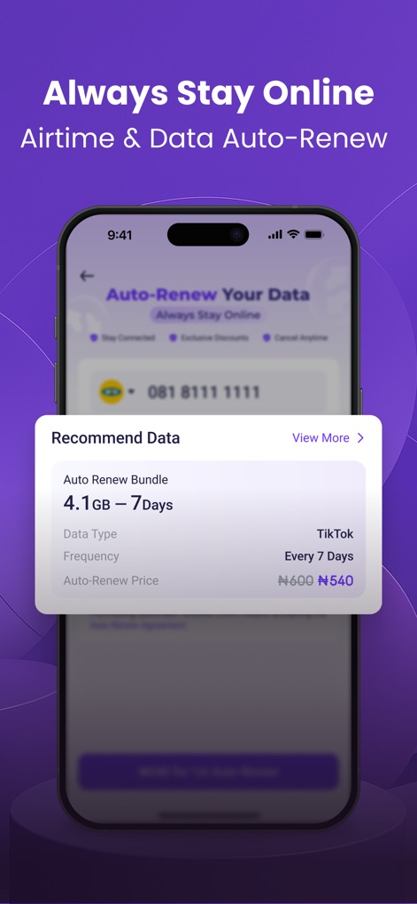 PalmPay - Transfers, Bills - The app ensures uninterrupted service with its "Auto-Renew Your Data" feature, detailing bundle options like "4.1 GB - 7 Days" and discounted prices from "₦600" to "₦540".