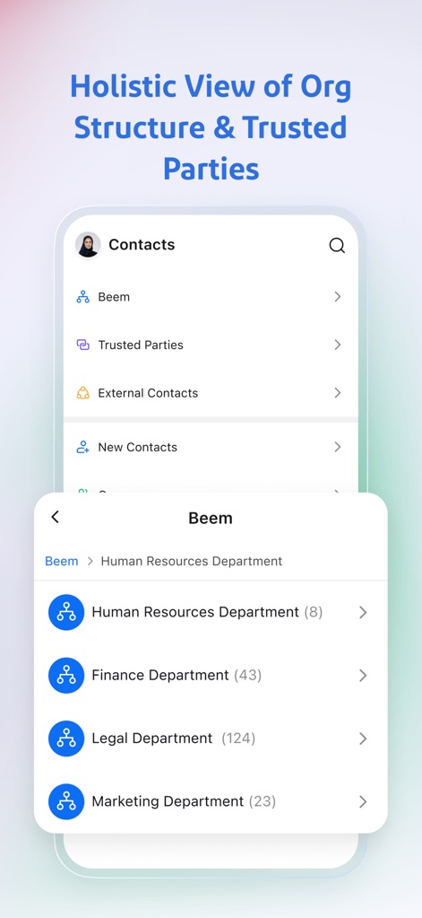 Beem: One Platform for Work - The app offers a holistic view of the organizational structure, categorizing contacts into "Trusted Parties" and "External Contacts", and providing departmental views like "Human Resources Department" with member counts.