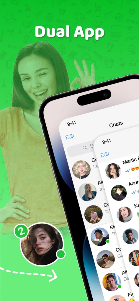 Dual Messenger & Duo Web - La aplicación permite a los usuarios gestionar múltiples cuentas de mensajería simultáneamente, evidenciado por las dos interfaces de chat y la distintiva etiqueta de 'App Dual' con el número 2.
