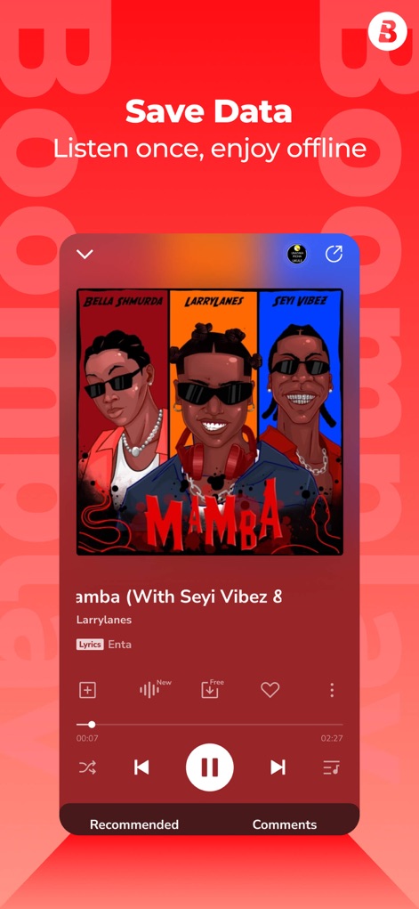 Boomplay Lite：Music Player Pro - This view demonstrates the app's data-saving capabilities, allowing users to enjoy downloaded tracks offline, complete with lyrics and full playback controls.