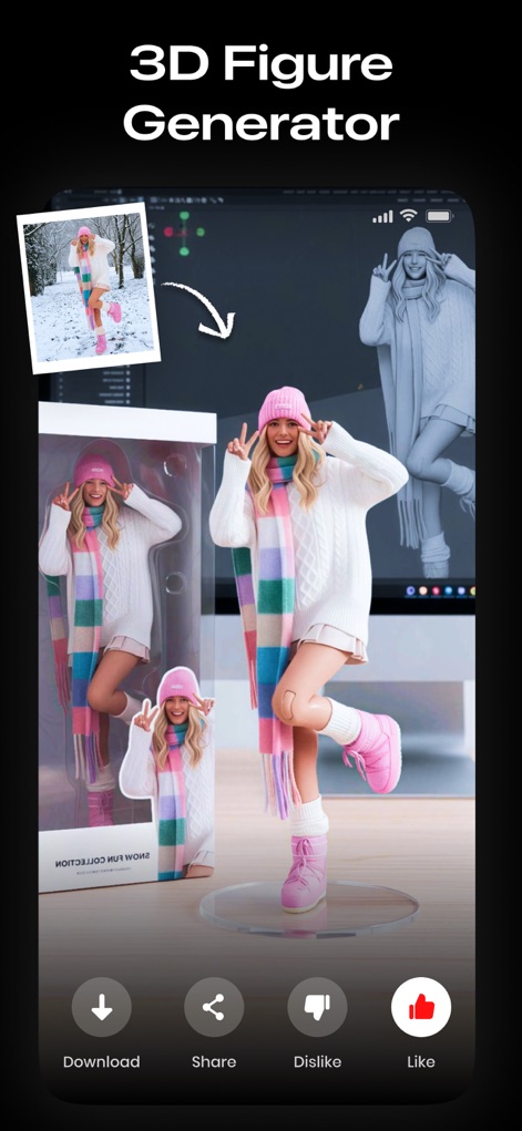 AI Photo Video Editor, Enhance - Créez des avatars stylisés et des figurines 3D à partir de vos photos, offrant une nouvelle dimension créative pour vos portraits et vos personnages numériques uniques.