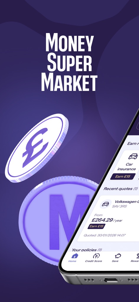 MoneySuperMarket - The app streamlines financial management, displaying users' 'Your policies' and 'Recent quotes' for quick access, complemented by an intuitive bottom navigation bar for seamless browsing.