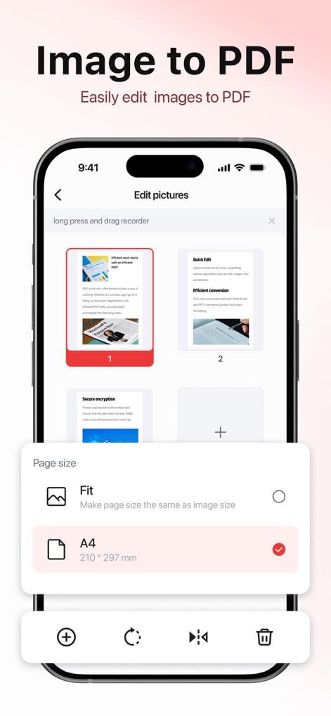 PDF Reader - Editor & Scanner - 複数の画像を簡単にPDFに変換できるこの機能は、ページサイズを自由に調整でき、統一されたドキュメント作成をサポートします。