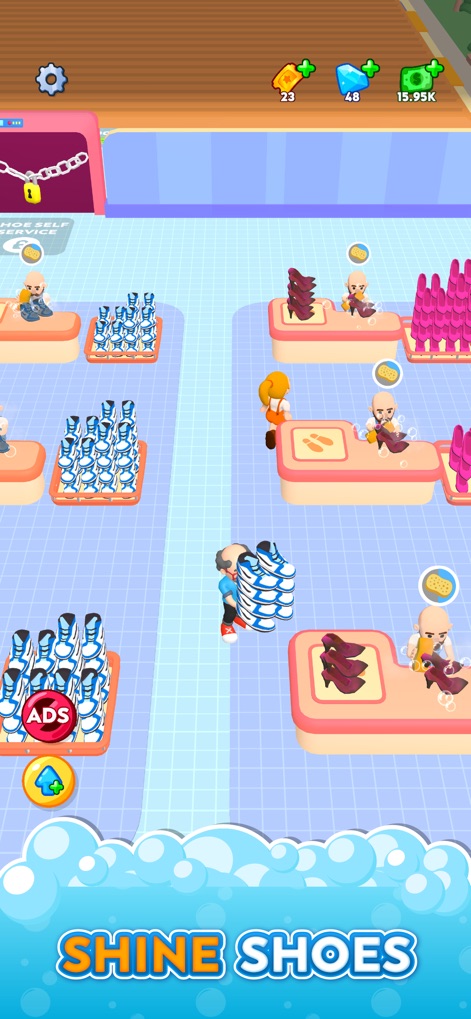 Laundry Rush - Idle Game - Explore the dedicated shoe shining station, featuring organized displays of various shoe types and an employee diligently preparing them.