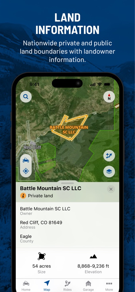 Polaris® - 이 도구는 사용자가 상세한 지형 정보를 탐색하도록 돕습니다. 여기서는 특정 지역의 사유지 경계와 소유주 정보, 그리고 면적 및 고도와 같은 중요한 지리적 데이터를 확인할 수 있습니다.