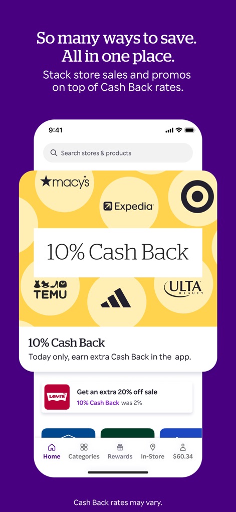 Rakuten: Cash Back & Deals - A tela ilustra uma oferta de "10% Cash Back" em destaque para lojas como Macy's e Expedia, e demonstra como os usuários podem "Stack store sales and promos" para maximizar as economias.