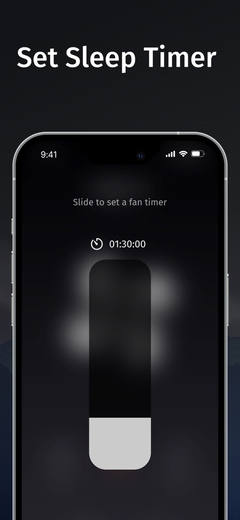 Tap Fan Noise for Sleep - 「01:30:00」と設定された睡眠タイマーと、スライドで時間を簡単に調整できるインターフェースにより、ユーザーは安心して眠りにつくことができます。