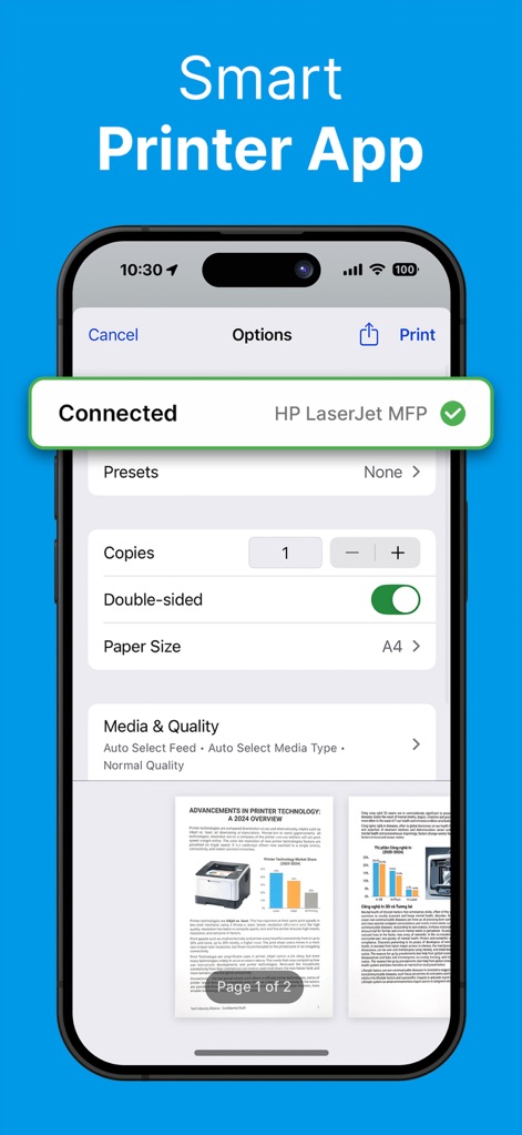 Printer: Smart Print App - Les utilisateurs accèdent à des options d'impression détaillées pour personnaliser chaque tâche, incluant le nombre de copies et l'impression recto-verso, avec un aperçu clair du document avant de lancer l'impression.